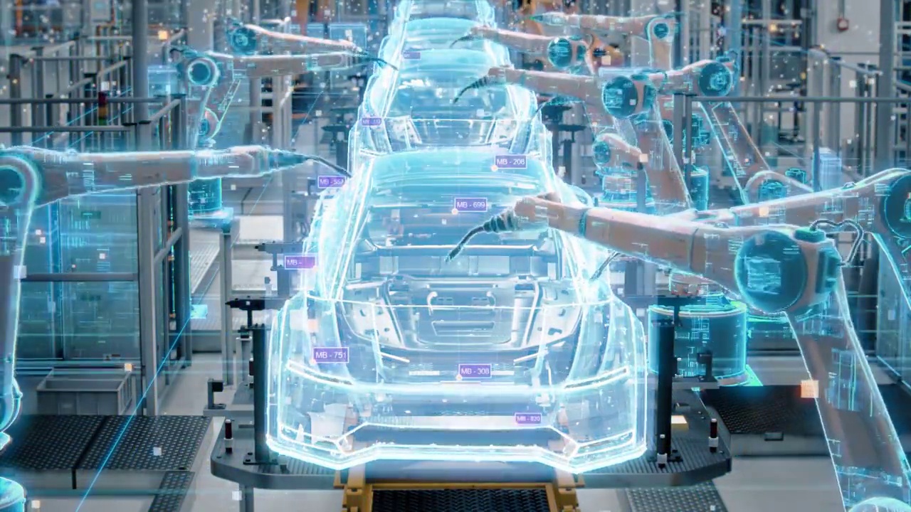 詳情圖-前瞻汽車廠數(shù)字化:自動化機(jī)器人手臂裝配線制造高科技可持續(xù)電動汽車。未來AI計算機(jī)視覺分析，掃描生產(chǎn)效率