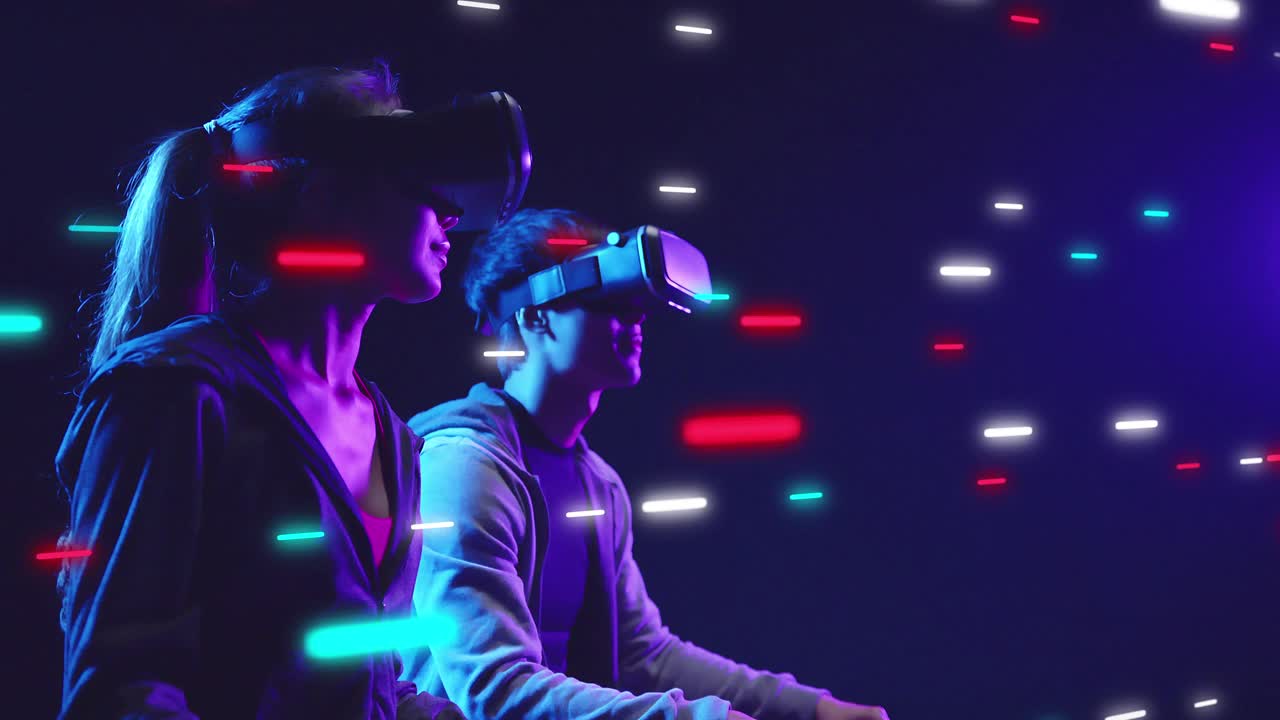 超时空VR虚拟现实游戏，男女超时空虚拟数字世界技术游戏，用VR护目镜控制未来数字技术