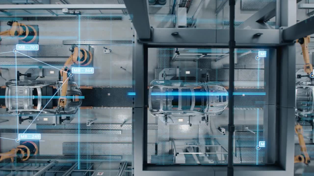 詳情圖-空中汽車頂視圖工廠數(shù)字化概念:自動(dòng)化機(jī)器人手臂裝配線制造高科技電動(dòng)汽車。人工智能計(jì)算機(jī)視覺分析，掃描生產(chǎn)效率。毛圈