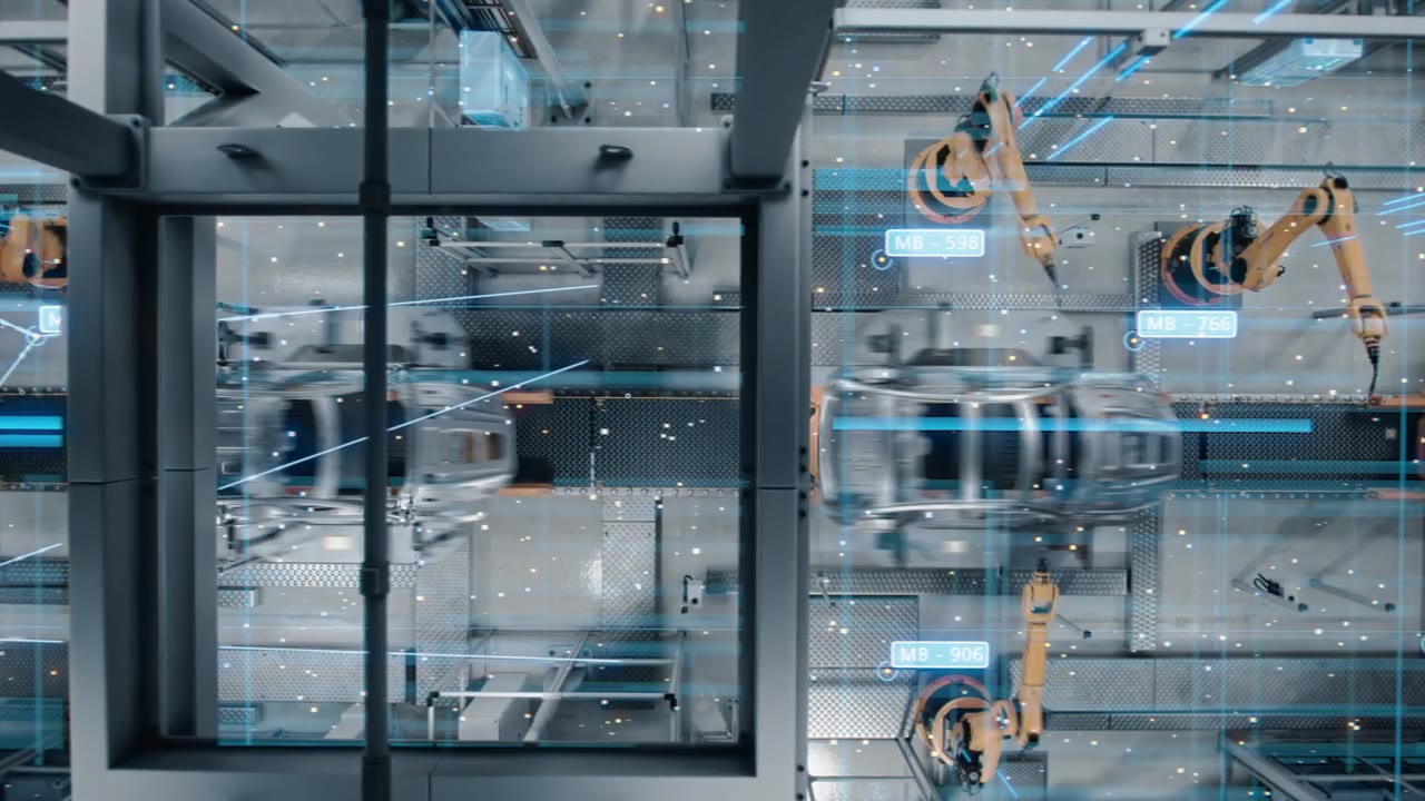 詳情圖-空中汽車頂視圖工廠數(shù)字化概念:自動(dòng)化機(jī)器人手臂裝配線制造高科技電動(dòng)汽車。人工智能計(jì)算機(jī)視覺分析，掃描生產(chǎn)效率。毛圈
