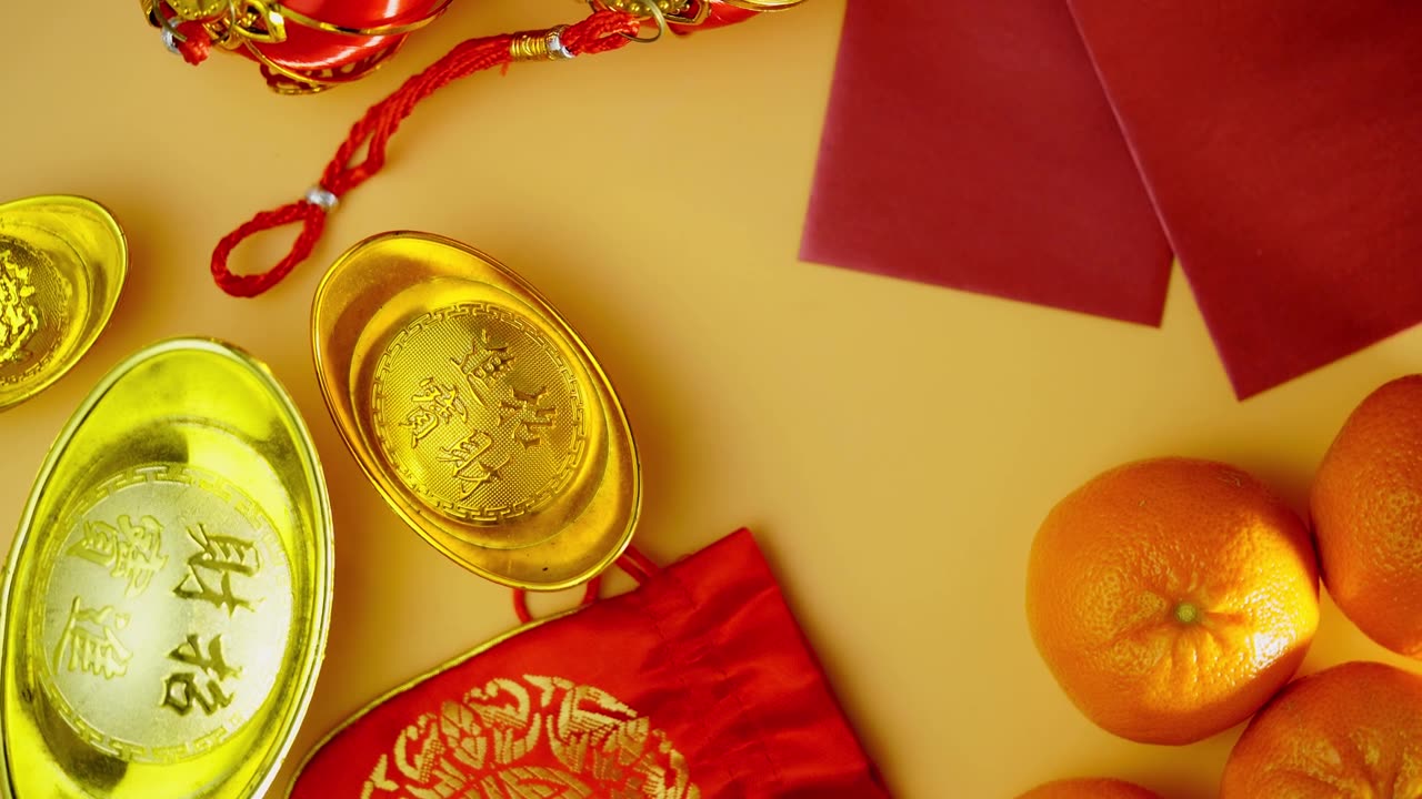 詳情圖-俯視圖農(nóng)歷新年，紅包里有金元和橘子