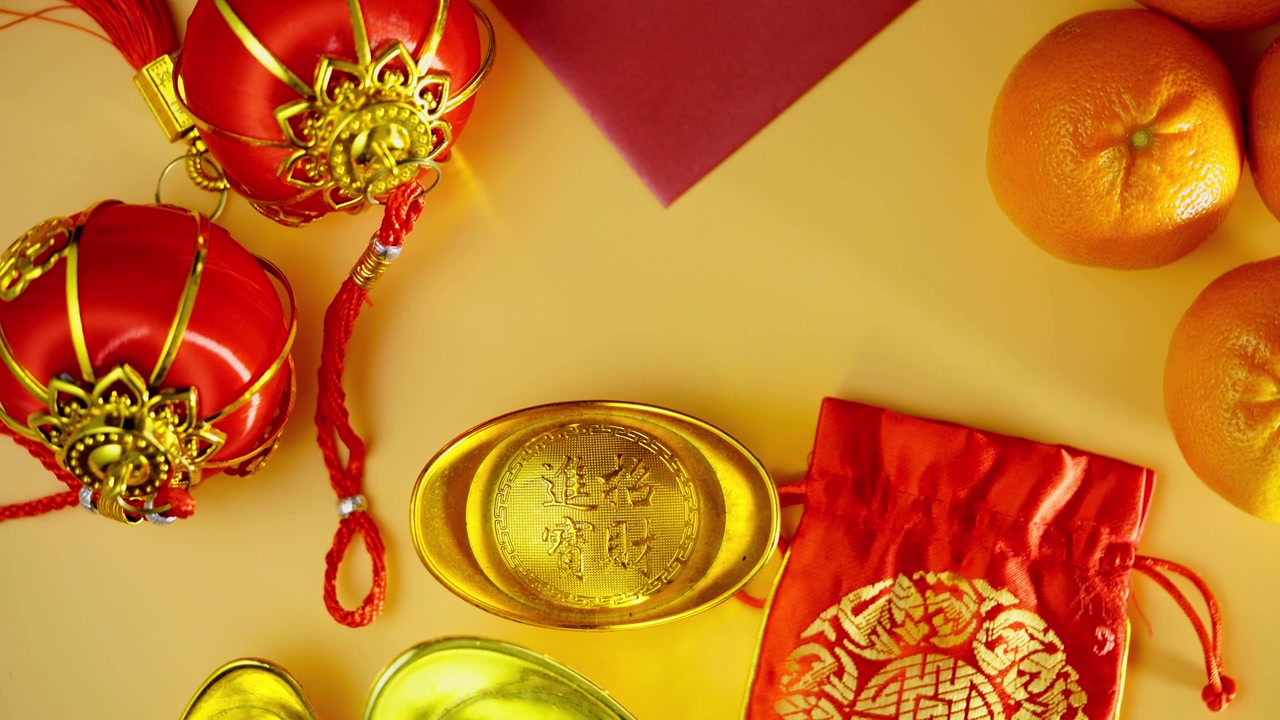 詳情圖-俯視圖農(nóng)歷新年，紅包里有金元和橘子