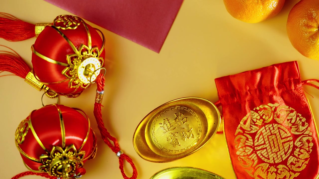 詳情圖-俯視圖農(nóng)歷新年，紅包里有金元和橘子