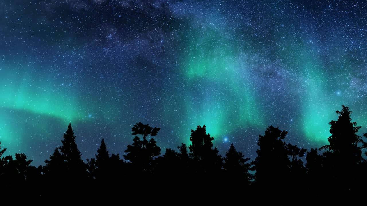 极光北极光树度假旅游冬季森林景观星空4k