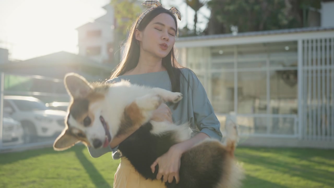 详情图-快乐在一起，有吸引力的亚洲女性年轻的成年女性喜欢与可爱的柯基狗玩，日落在室外草地后院