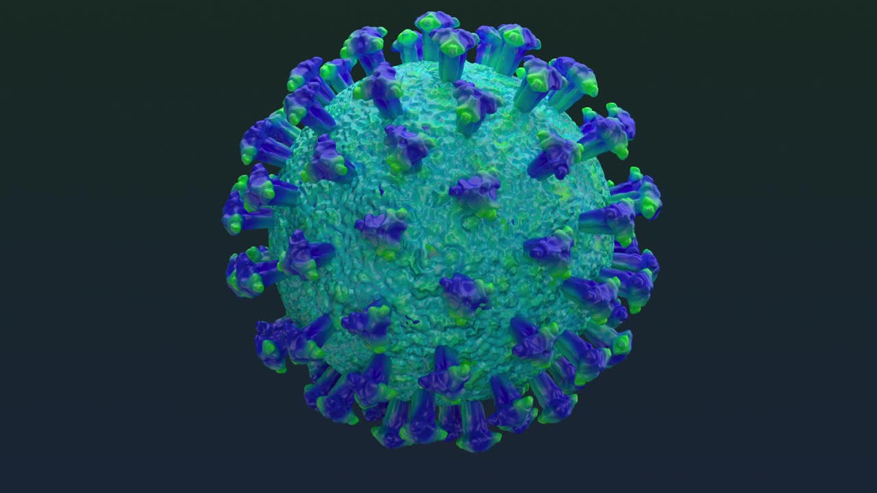 SARS-CoV-2病毒粒子旋转。白色刺突蛋白固定在脂质蛋白表面。