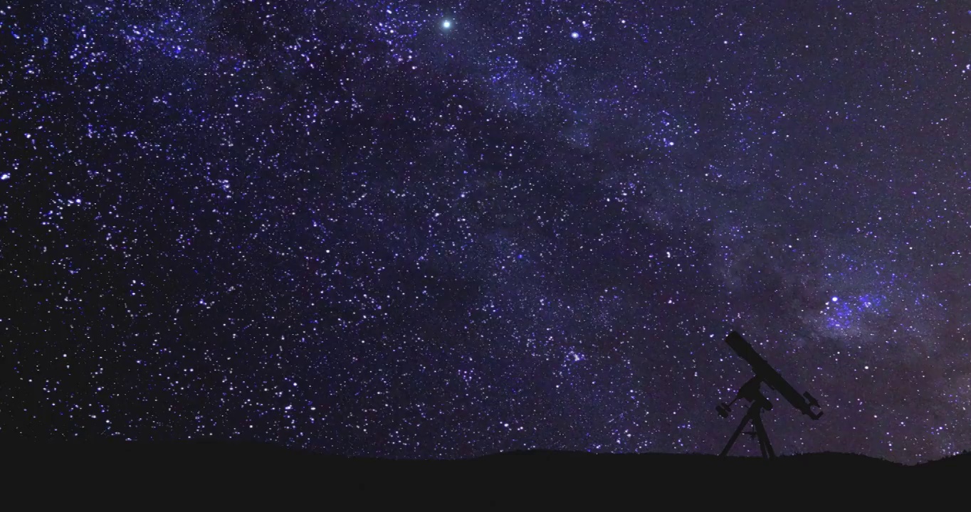 详情图-望远镜的剪影和旋转的星空下的乡村，流星雨和移动的卫星。