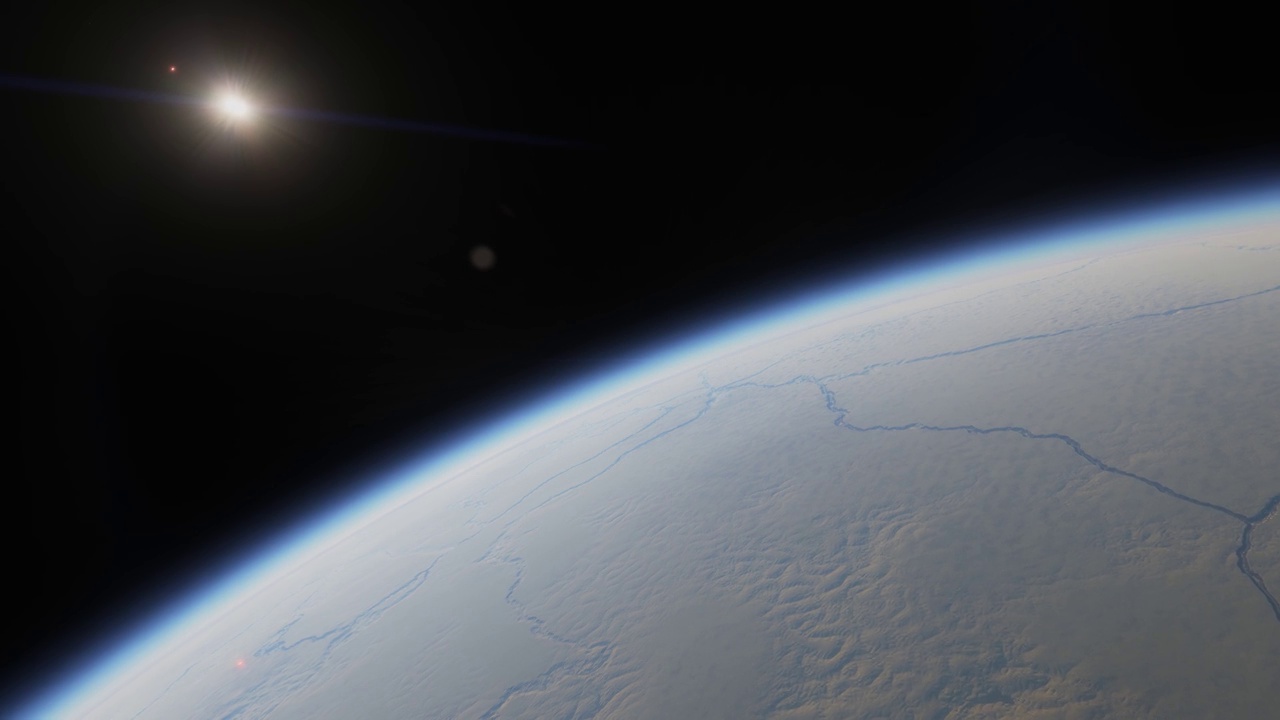 冰覆盖的系外行星在另一个太阳系。宇宙飞船在一颗高山外星球的大气层上空低空飞行