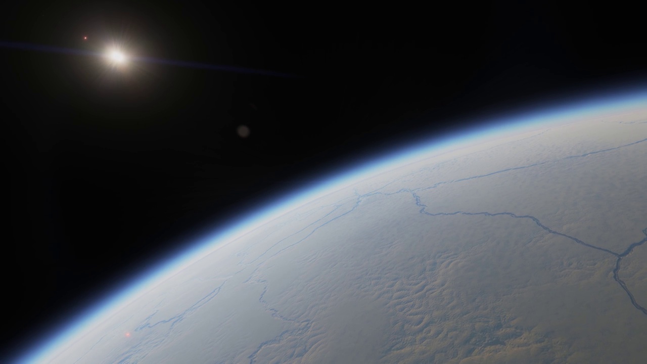 详情图-冰覆盖的系外行星在另一个太阳系。宇宙飞船在一颗高山外星球的大气层上空低空飞行