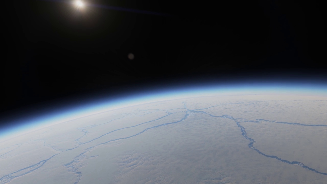 详情图-冰覆盖的系外行星在另一个太阳系。宇宙飞船在一颗高山外星球的大气层上空低空飞行