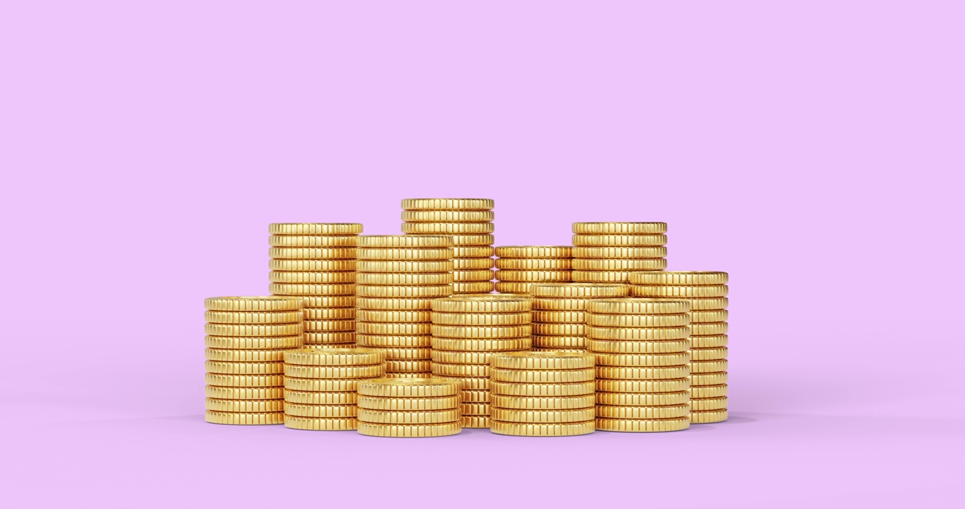 3d定格动画卡通金币堆叠在白色背景上。
