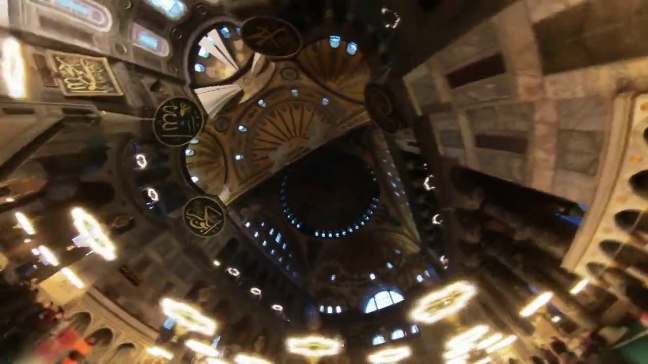 伊斯坦布尔的圣索菲亚大教堂(Ayasofya)，清真寺或教堂内部的延时视频，鱼眼镜头的延时视频，360度动作摄像机的延时视频