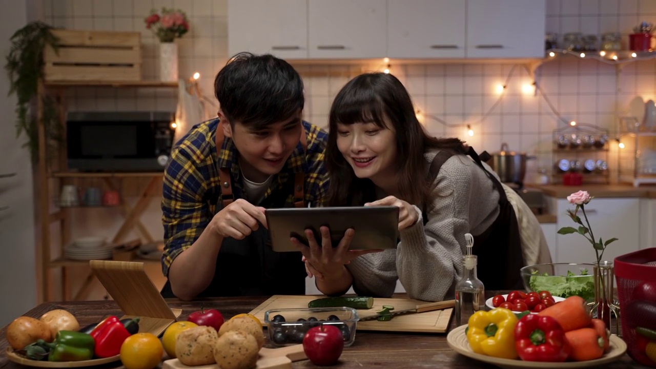 詳情圖-幸福的亞洲夫婦一起使用電子平板，在網(wǎng)上瀏覽食譜，討論在家里的廚房做什么情人節(jié)晚餐