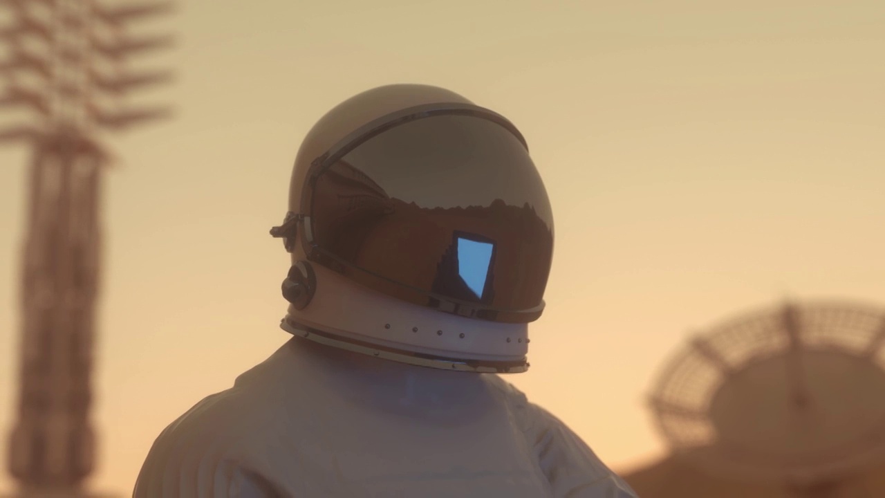 详情图-火星殖民的概念。宇航员在其中一个行星上的太空殖民地用他的科学笔记本电脑工作