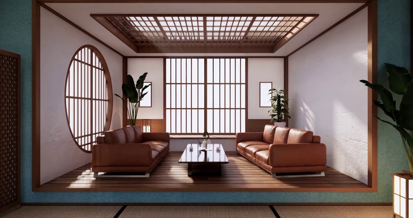 室内，空薄荷室日本风格设计。三维渲染