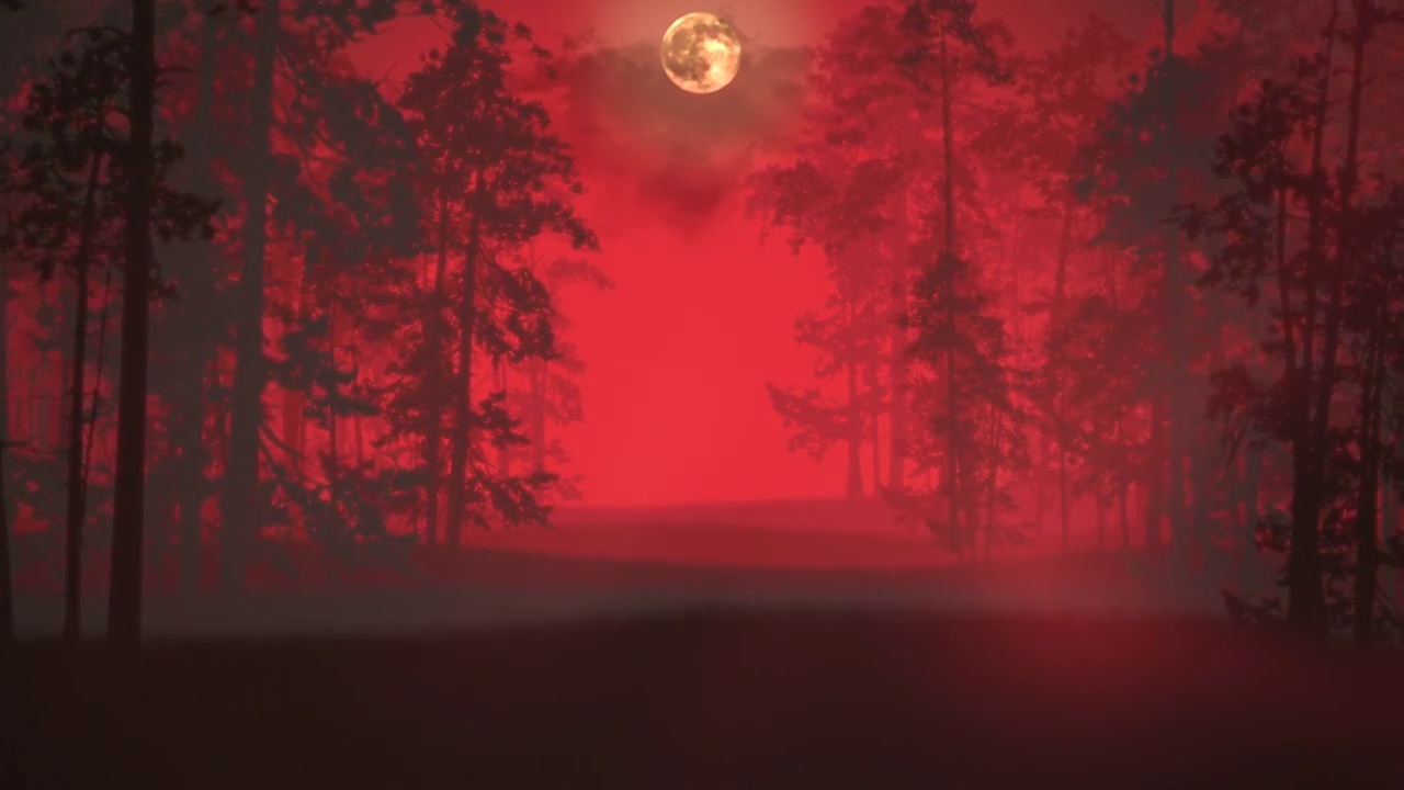 帶有紅色神秘森林和月亮的夜景
