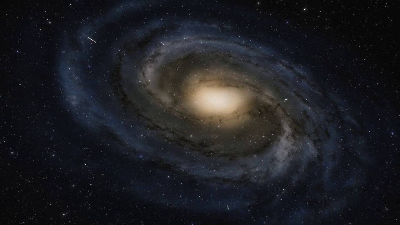 星际飞船在太空中以光速飞行在银河系中心附近。仙女座星系中有数十亿颗恒星。高度详细的4k电影模型的星系和星臂