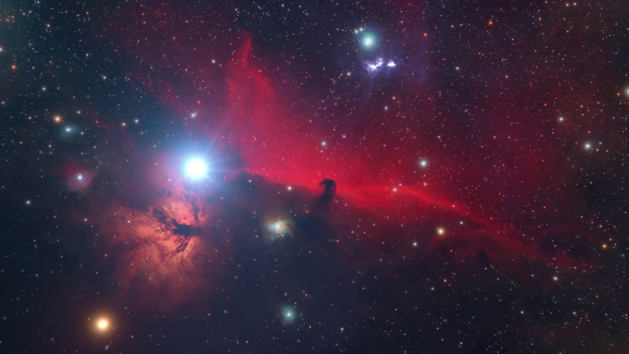 太空、星星、猎户座马头星云的3D动画视频。