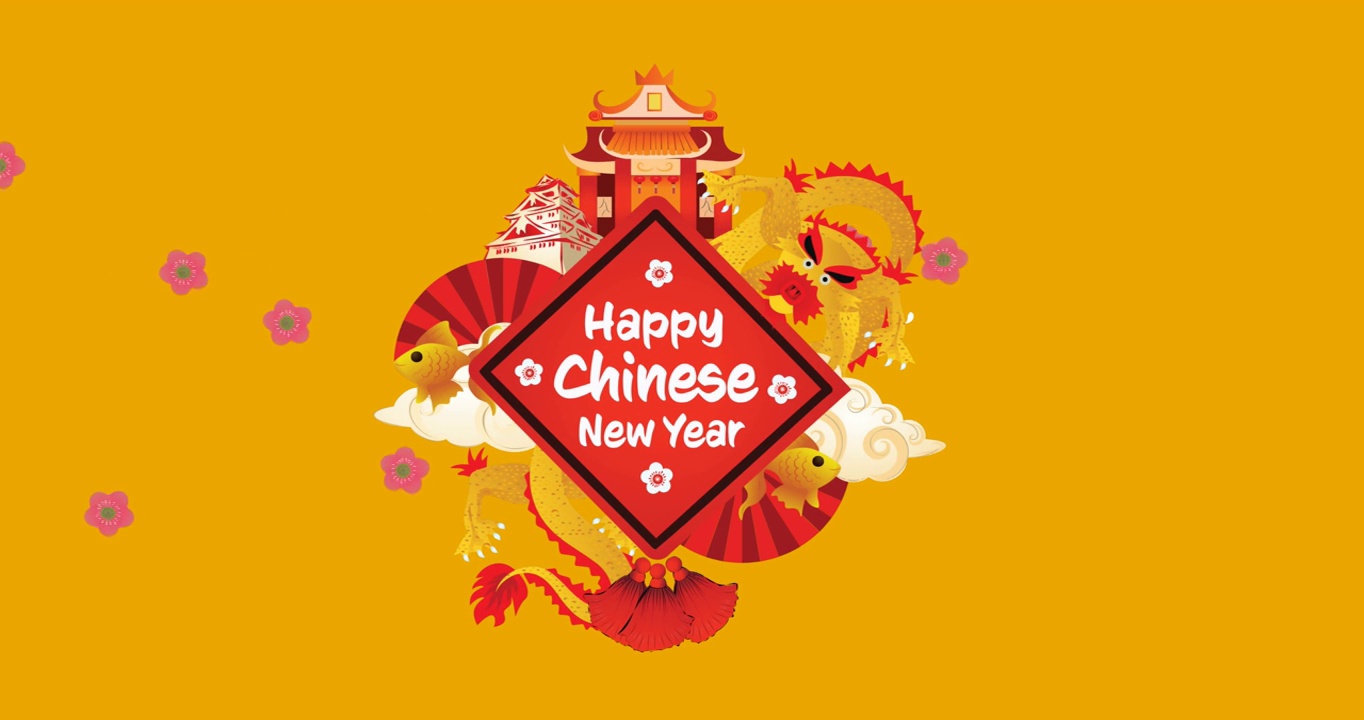 詳情圖-快樂的中國新年的動畫文本在橙色的背景