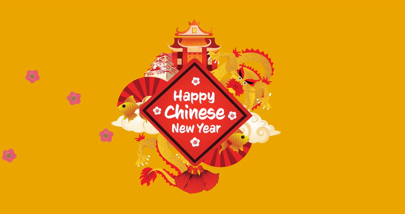 詳情圖-快樂的中國新年的動畫文本在橙色的背景