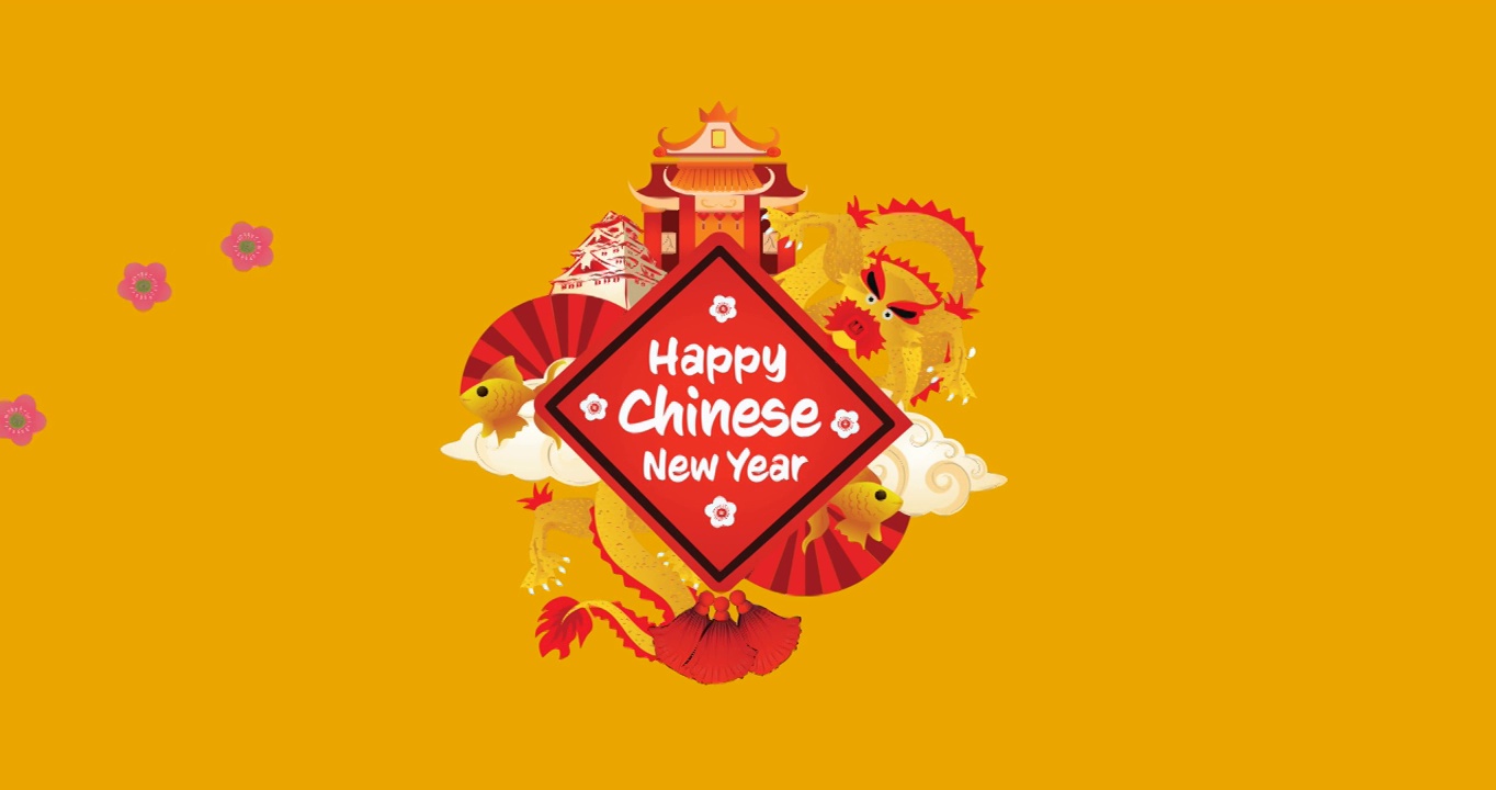 詳情圖-快樂的中國新年的動畫文本在橙色的背景