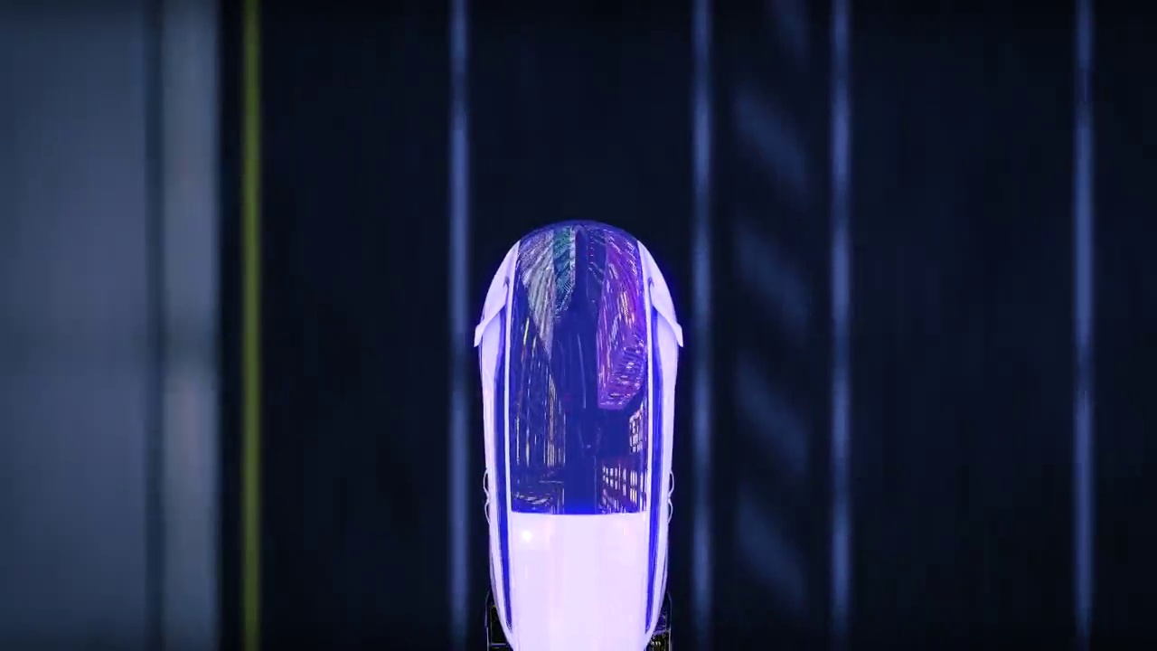 未來(lái)的電動(dòng)汽車在夜晚的城市里行駛。
