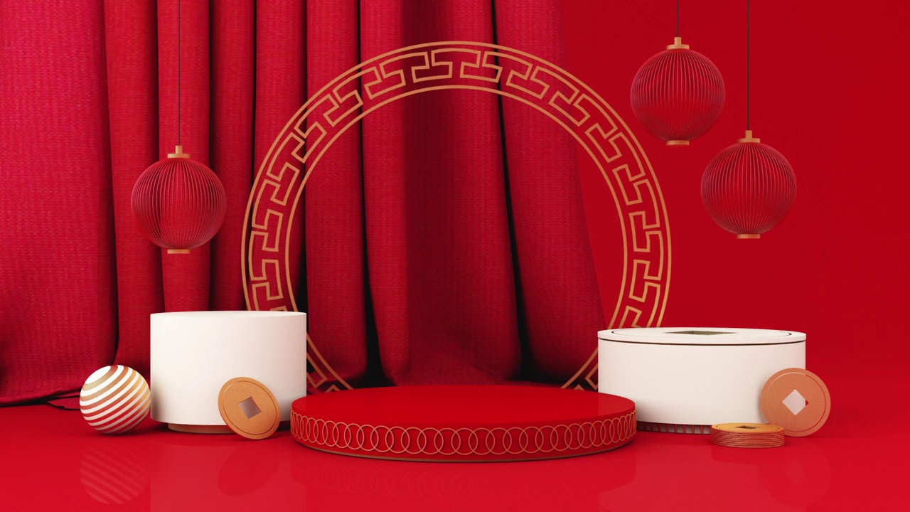 春节风格的红白领奖台产品展柜以黄金和礼品、彩灯、中国图案场景为背景。2022年虎年节日的传统节日概念。3 d渲染动画