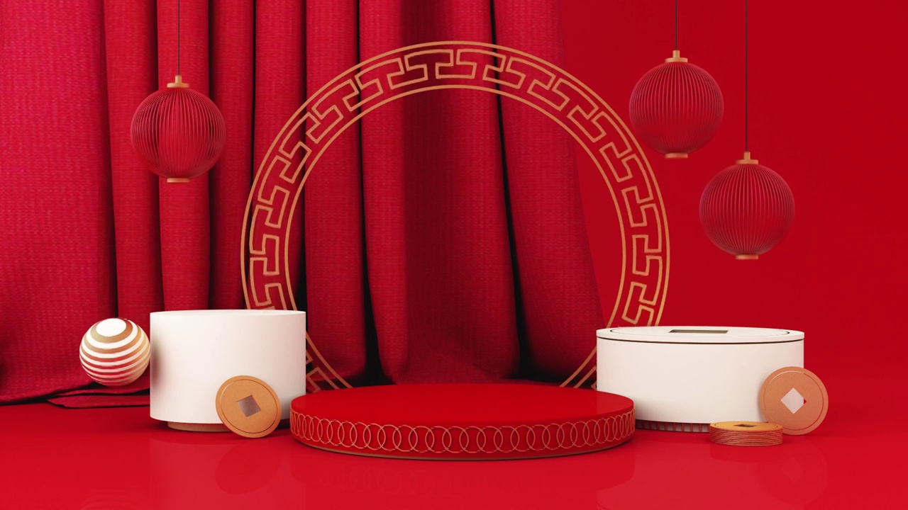 詳情圖-春節(jié)風(fēng)格的紅白領(lǐng)獎(jiǎng)臺產(chǎn)品展柜以黃金和禮品、彩燈、中國圖案場景為背景。2022年虎年節(jié)日的傳統(tǒng)節(jié)日概念。3,d渲染動(dòng)畫