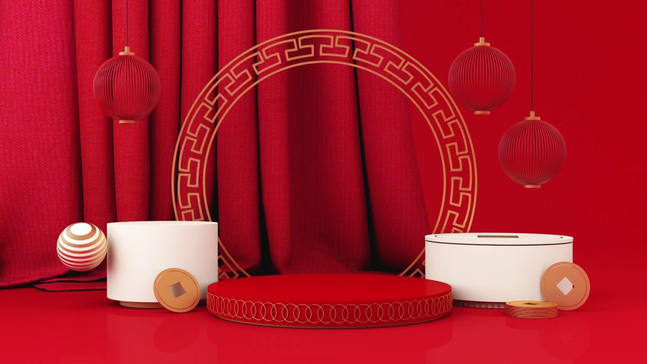 詳情圖-春節(jié)風(fēng)格的紅白領(lǐng)獎(jiǎng)臺產(chǎn)品展柜以黃金和禮品、彩燈、中國圖案場景為背景。2022年虎年節(jié)日的傳統(tǒng)節(jié)日概念。3,d渲染動(dòng)畫