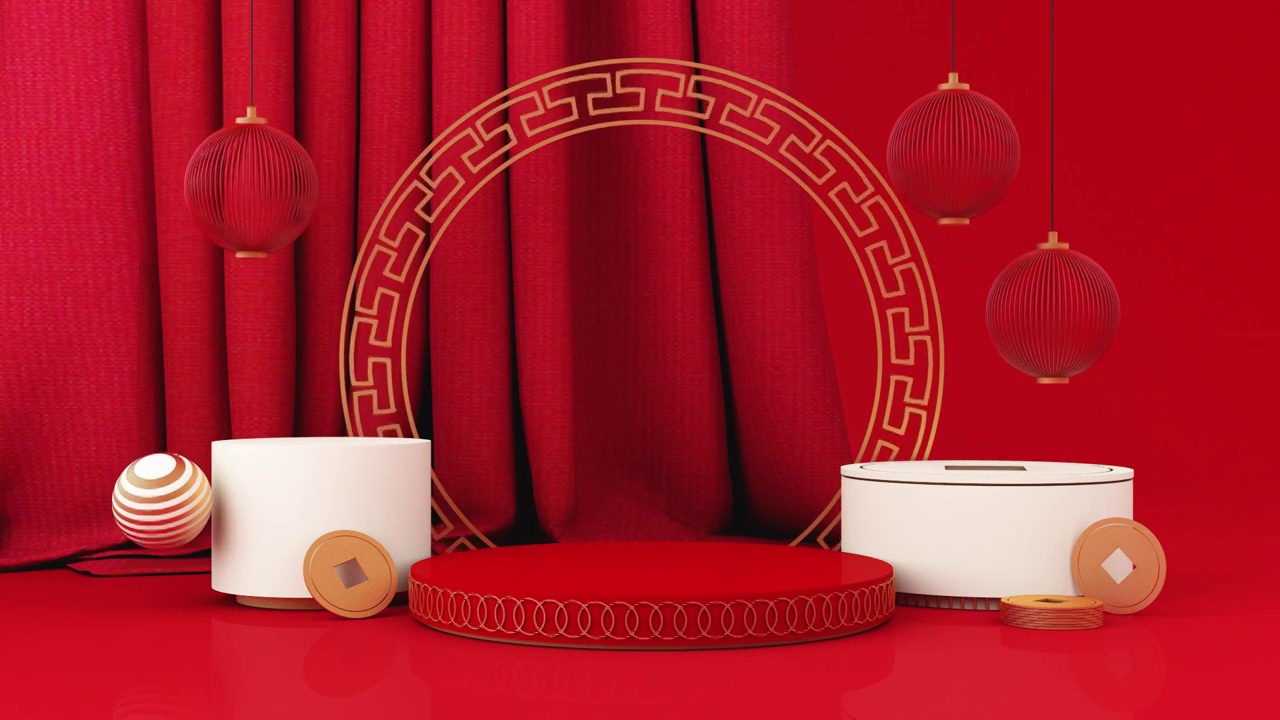 詳情圖-春節(jié)風(fēng)格的紅白領(lǐng)獎(jiǎng)臺產(chǎn)品展柜以黃金和禮品、彩燈、中國圖案場景為背景。2022年虎年節(jié)日的傳統(tǒng)節(jié)日概念。3,d渲染動(dòng)畫