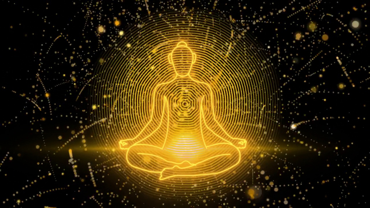具有粒子效果的冥想者剪影