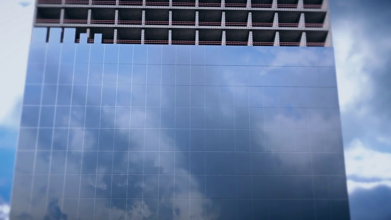 详情图-4k延时拍摄的玻璃建筑施工façade。施工起重机在移动的云背景上铺设混凝土基础和玻璃板。可以看到云的反射在玻璃建筑façade