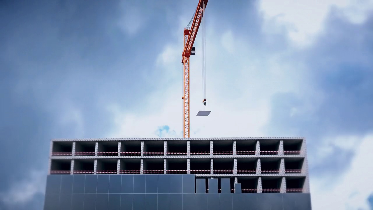 详情图-4k延时拍摄的玻璃建筑施工façade。施工起重机在移动的云背景上铺设混凝土基础和玻璃板。可以看到云的反射在玻璃建筑façade