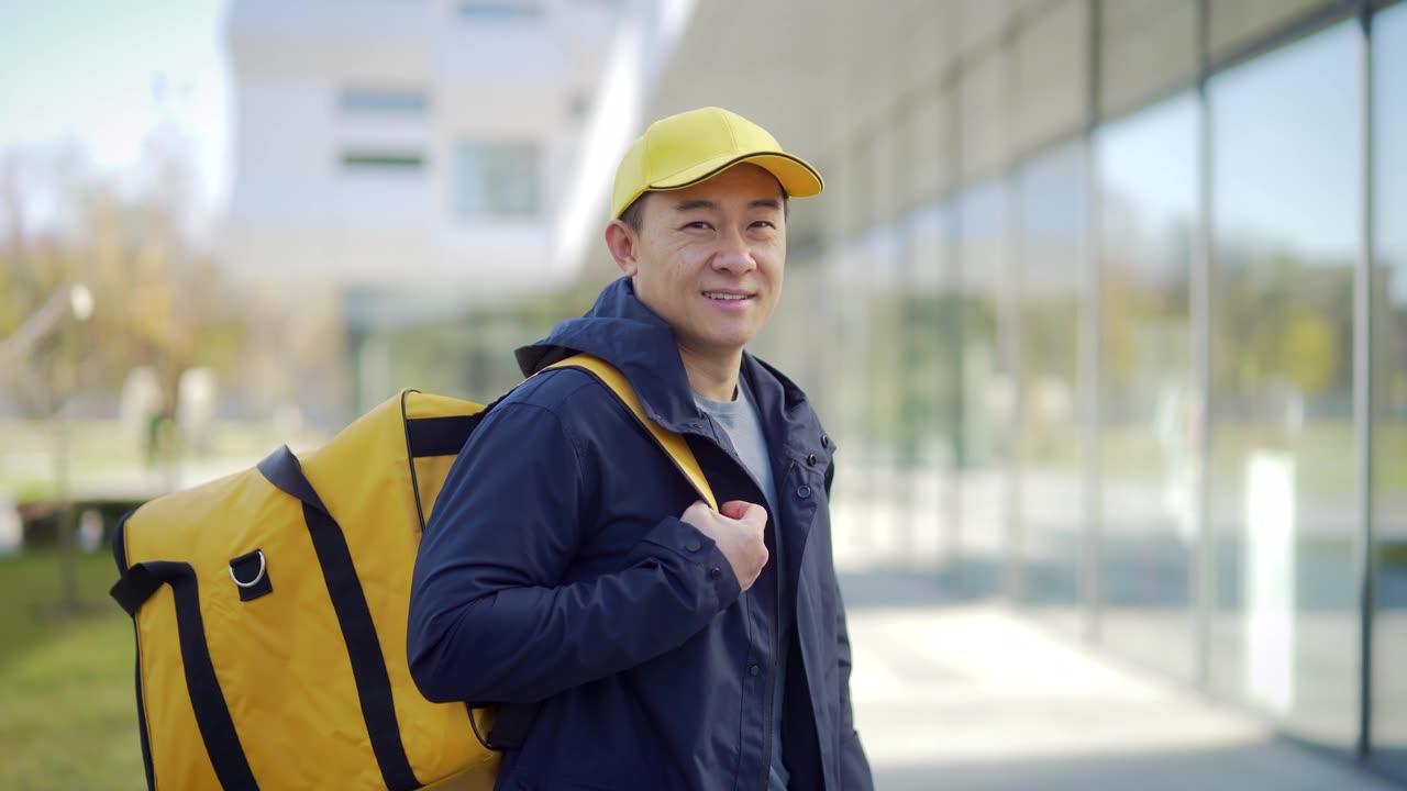 详情图-亚洲快乐男性快递服务人员的肖像,戴着帽子,背着背包。城市街道上的员工,在城市背景下看着镜头微笑