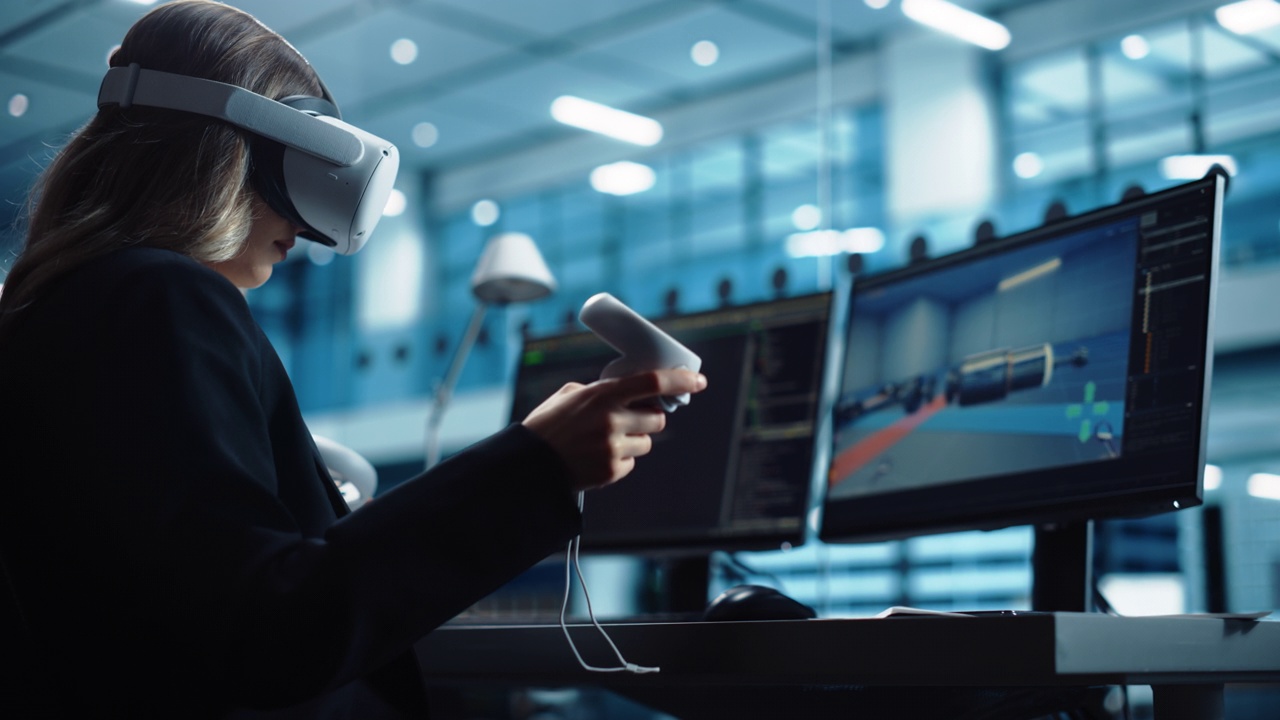 汽车工程师使用VR软件在一个工厂办公室的交互式环境中工作电动马达和车辆平台。工业工程师使用耳机和控制器。