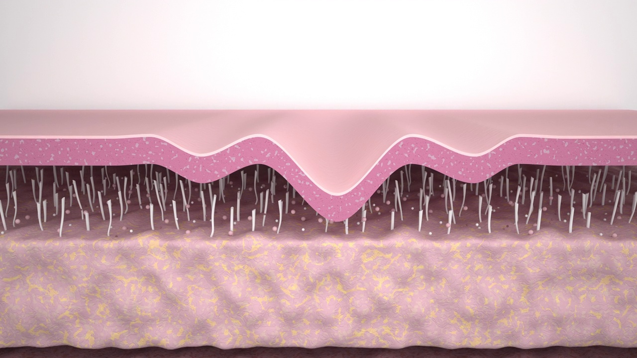 3D动画皮肤层平滑皱纹。护肤作用胶原修复作用抗衰老治疗作用