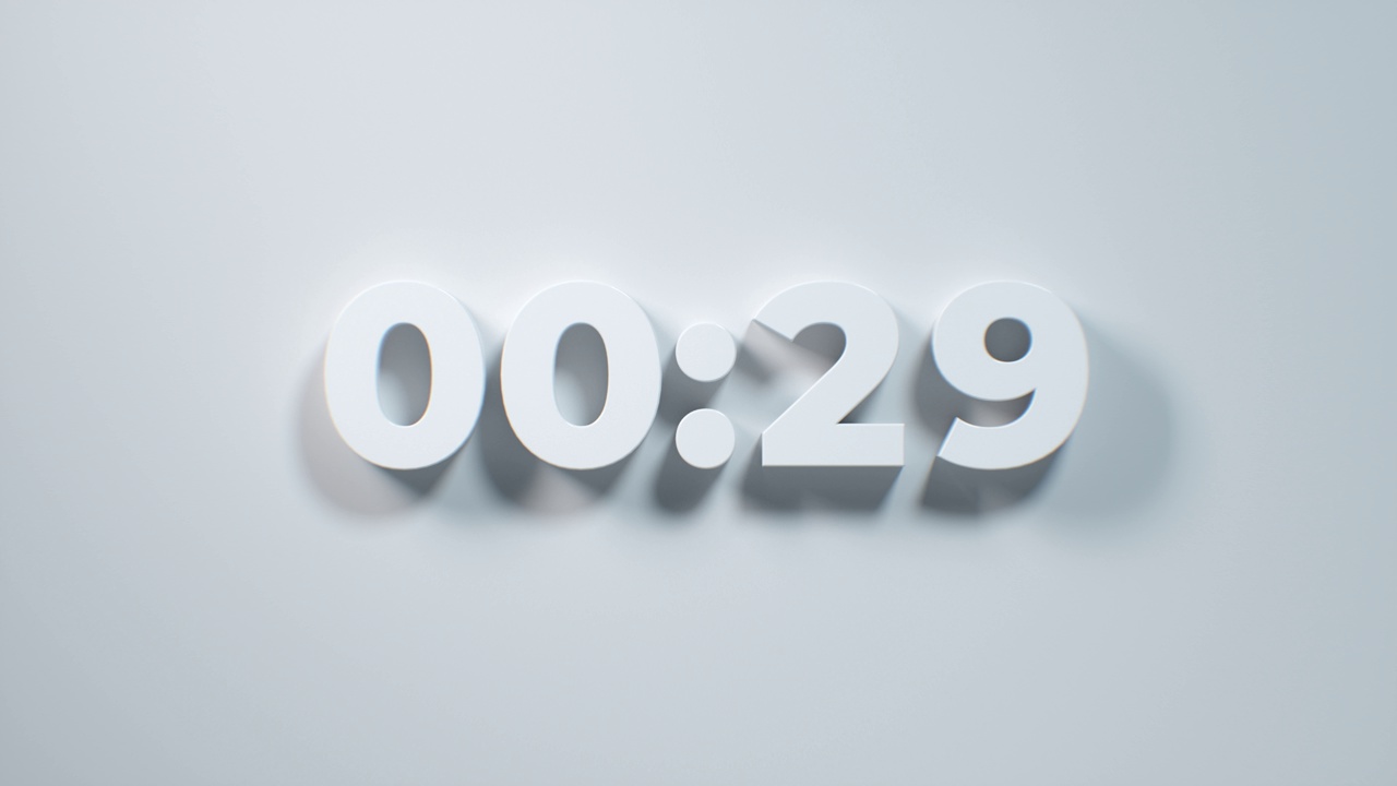 60秒倒计时。最小的3D白色数字在白色的墙上。1分钟倒计时。30或10秒。简单的数字倒计时时钟计时器在1分钟或60秒到0秒。介绍时,测试