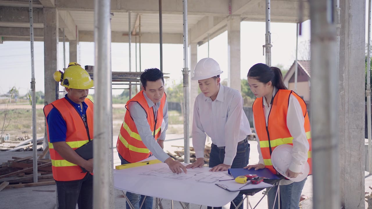 详情图-一名年轻的工程师，男工头和女工头，工头建筑工人与房屋计划会面。