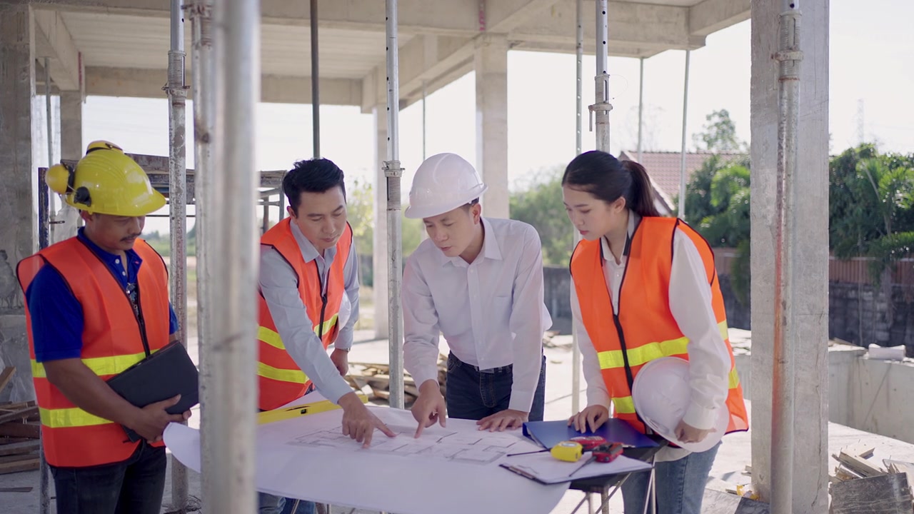 详情图-一名年轻的工程师，男工头和女工头，工头建筑工人与房屋计划会面。