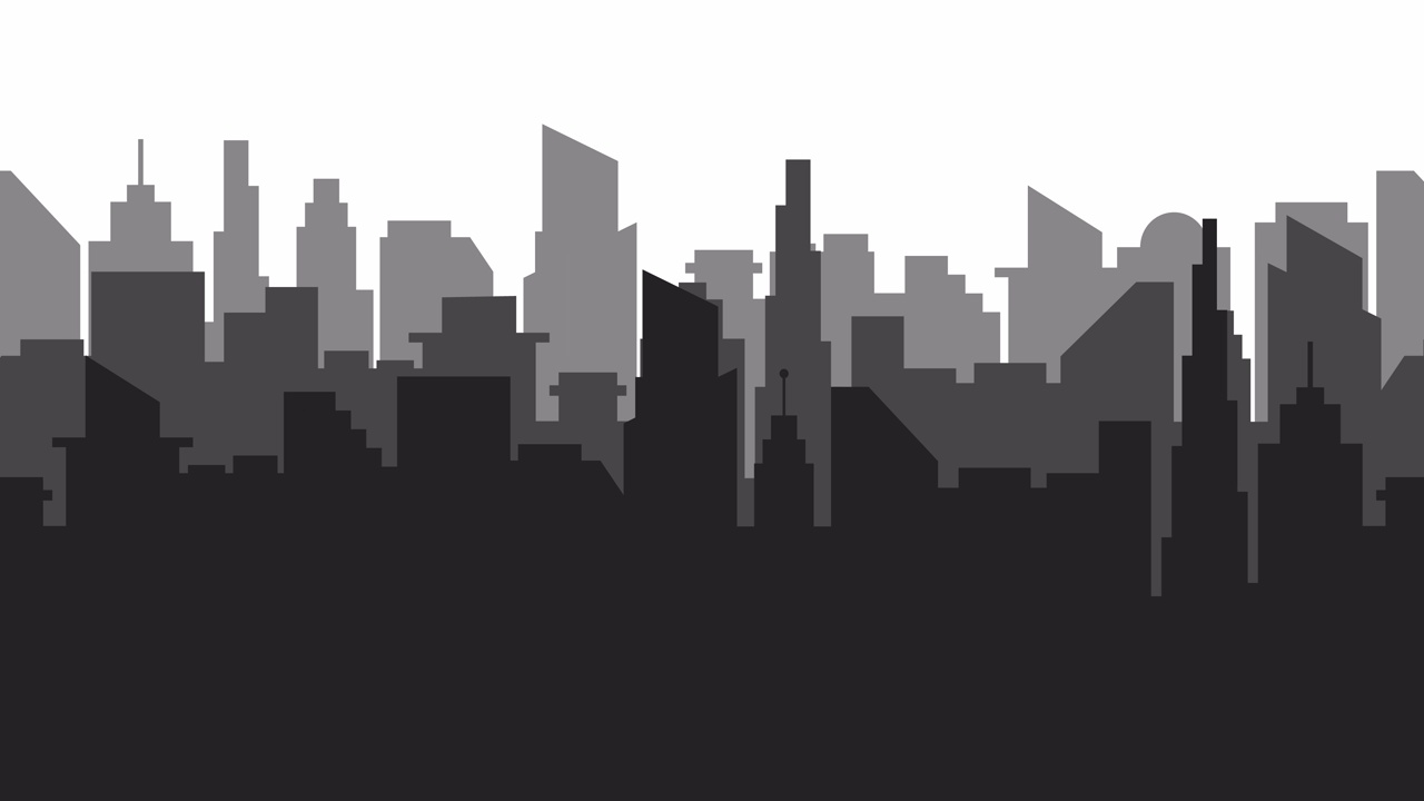 一个现代城市的剪影动画。城市景观。4 k。