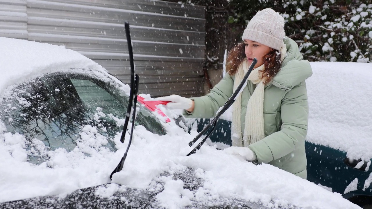年轻女子正在清理车上的雪