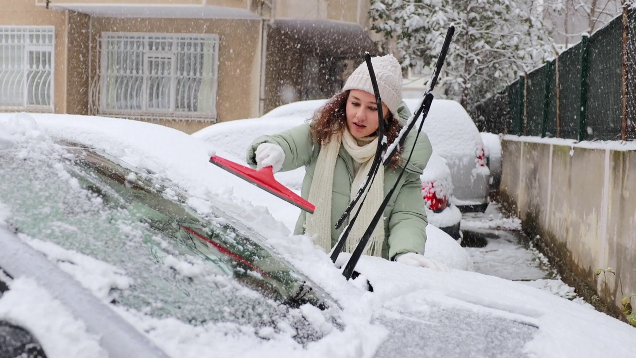 年轻女子正在清理车上的雪