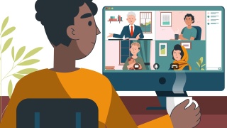 一个年轻人，男孩正在听讲座，研讨会上使用电脑视频聊天应用程序。远程教育，学习理念。COVID19,社会距离。二维平面动画。