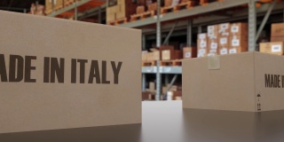 传送带上有意大利制造文字的盒子。意大利商品相关的可循环3D动画