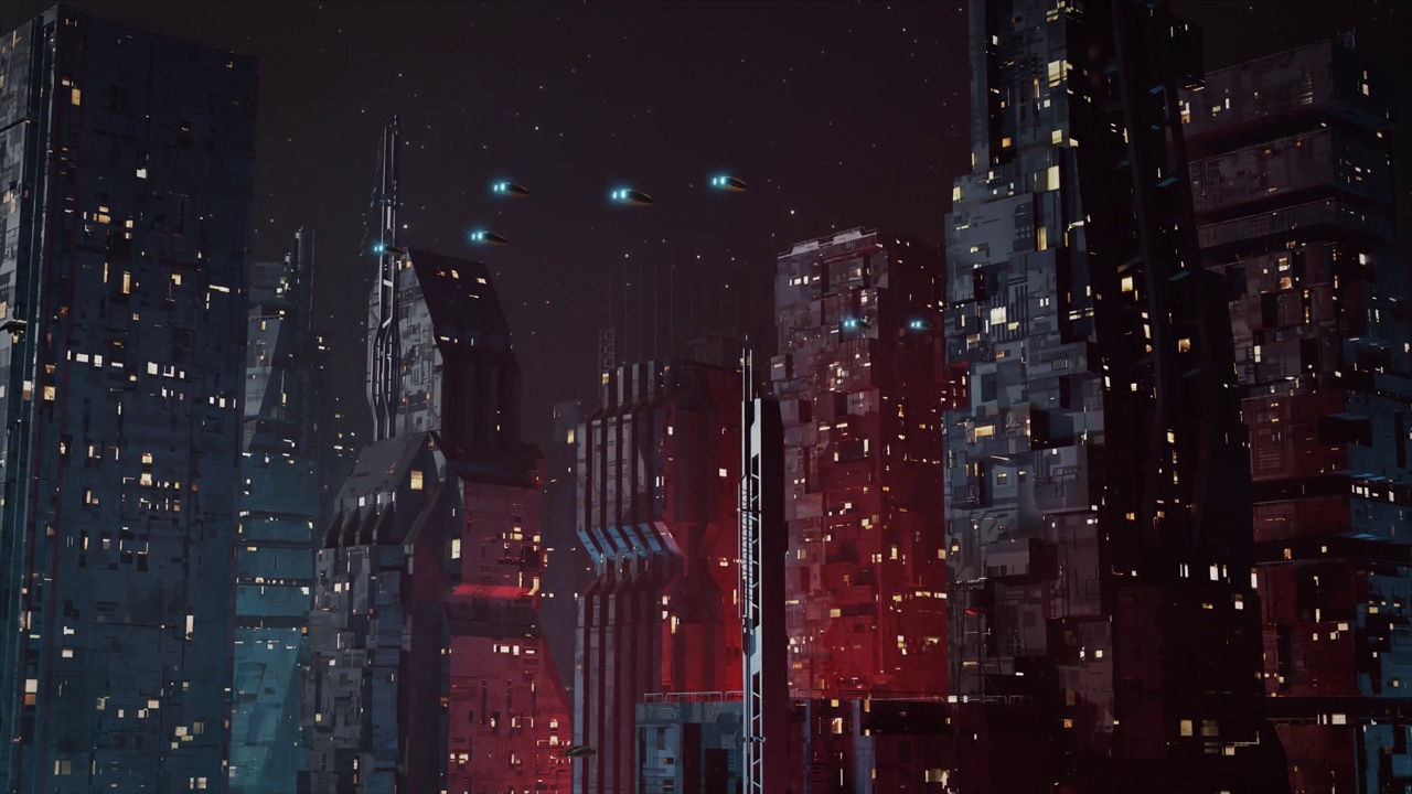 未来主义，反乌托邦科幻城市在夜间建立拍摄-飞行汽车