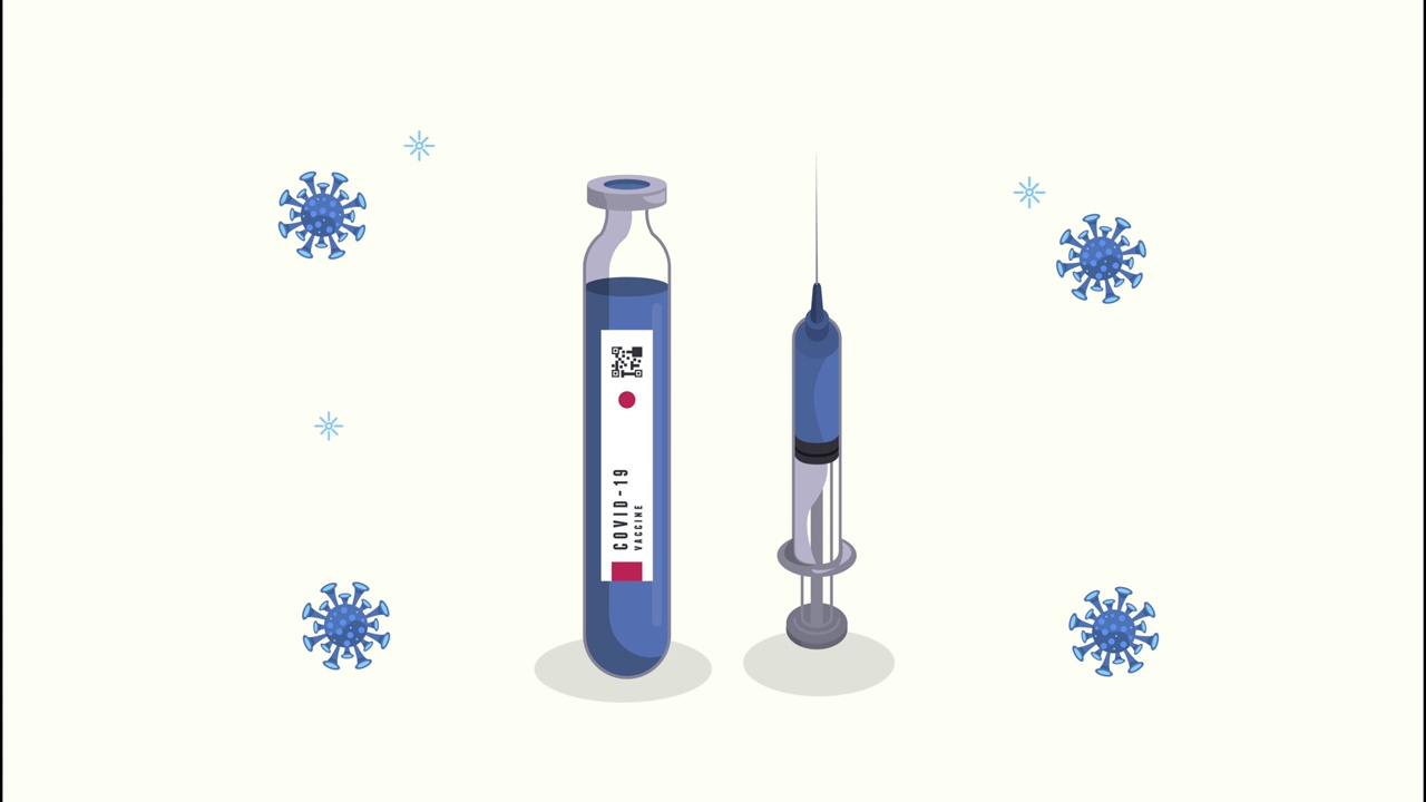 covid - 19疫苗动画与瓶和注射器