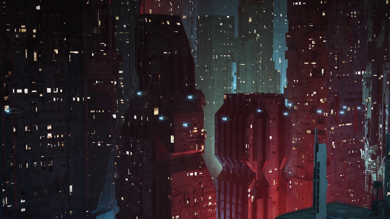 未来主义，反乌托邦科幻城市在夜间建立射击-倾斜下来