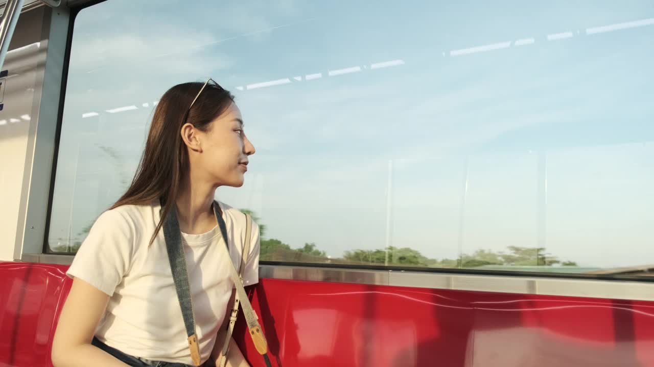 亚洲女性游客火车旅行，谈话快照，交通在城市视图。