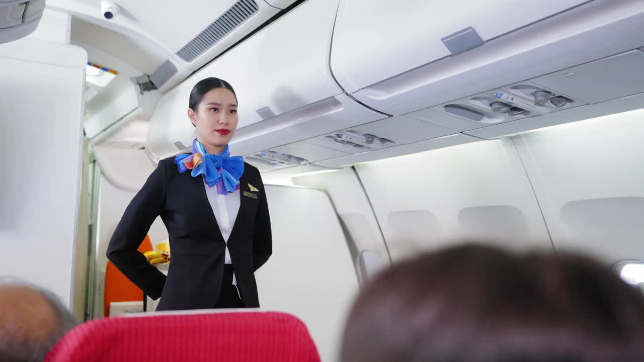 美丽的亚洲空姐制服展示如何使用安全带和其他安全措施的航班上的乘客在客舱，在飞机上