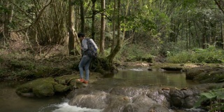 夏日旅行中，女背包客走在小溪上，驻足观赏热带森林的美景。